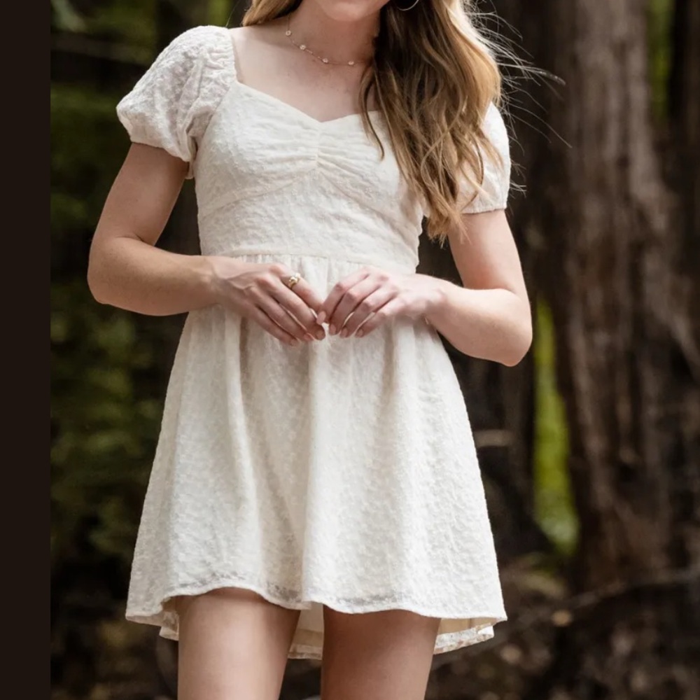 Altar'd State Ivory Mini Dress Women’s XS Puff Sleeve Lightweight Fabric Eyelet
